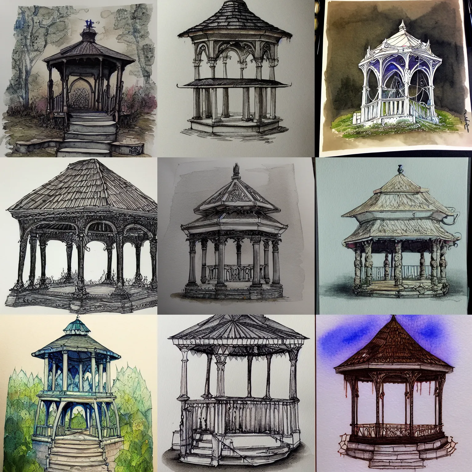 Prompt: beautiful aesthetic inspirational masterful professional ink pen and watercolor sketch of an occult mystic gazebo, ultra detailed, fine details, trending on artstation, high quality paper