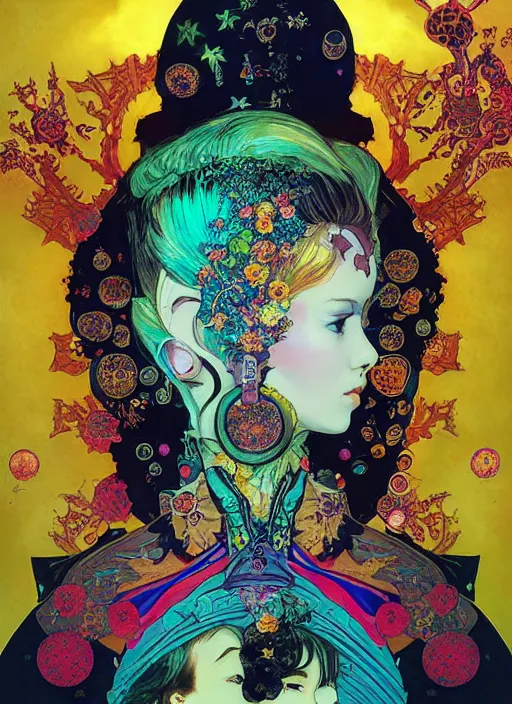 Prompt: cute punk goth fashion fractal cosmonaut girl by Zhang Jingna, punk poster art by Victor Moscoso Dan Mumford Kilian Eng Hannah Jeffrey Smith Rick Griffin Alphonse Mucha Gustav Klimt Ayami Kojima Amano Charlie Bowater