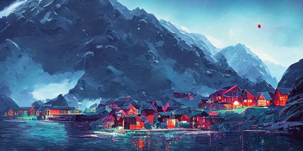 Image similar to a small asteroid mining village nestled in the fjords of norway by alena aenami, petros afshar