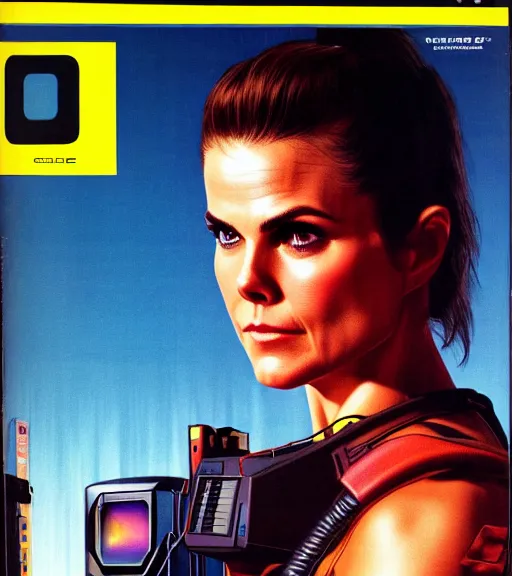 Image similar to cable plugged in, side of head, keri russell, cyberdeck computer terminal, 1 9 7 9 omni magazine cover, style by vincent di fate, cyberpunk 2 0 7 7, very coherent, detailed, 4 k resolution, unreal engine, daz