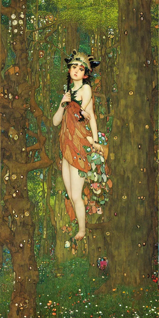 Image similar to Princess Mononoke, lush fairy forest, painted by gustav klimt, tom bagshaw, norman rockwell, mucha, james gurney, denoised, sharp