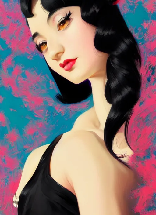 Image similar to a beautiful dancer with black hair in 1930's fashion, living room background, intricate, highly detailed, digital painting, artstation, official media, anime key visual, concept art, rich vivid colors, ambient lighting, sharp focus, illustration, art by Artgerm, Makoto Shinkai, Ilya Kuvshinov, Lois Van Baarle, and Rossdraws