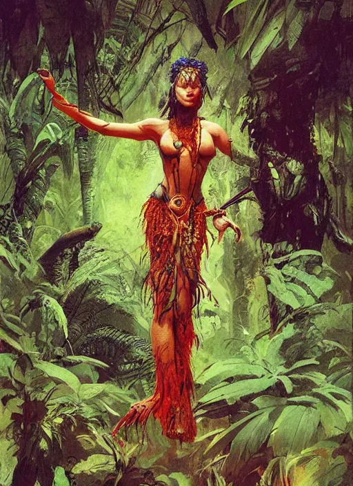 Image similar to a full body portrait of a jungle queen, intricate, elegant, highly detailed, vivid colors, john park, frazetta, sparth, ruan jia, jeffrey catherine jones