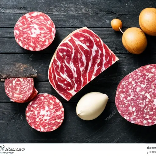 Prompt: Different types of salami on wooden board on black wooden table