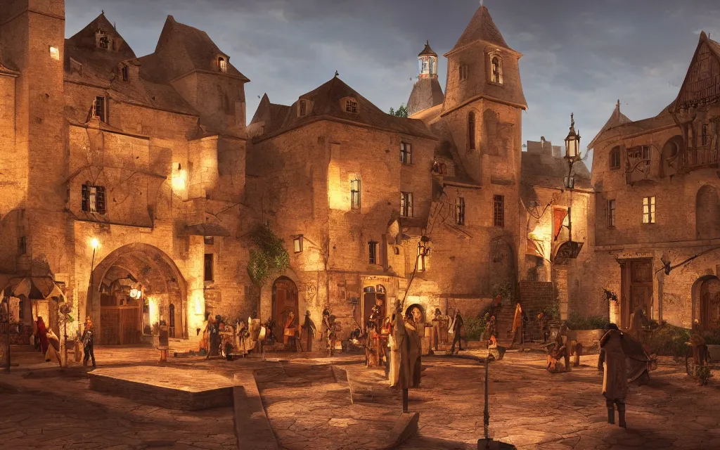 Prompt: at the square of a medieval french village, with a spaceship hovering, a well in the center, arches, orange light, highly detailed, cinematic lighting, render, fantasy