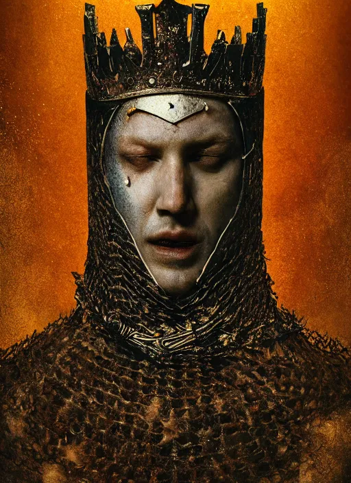 Image similar to portrait of a scared king arthur knight, kintsugi, modern fine art, fractal, intricate, elegant, highly detailed, digital photography, subsurface scattering, by jheronimus bosch and frank miller and greg rutkowski,