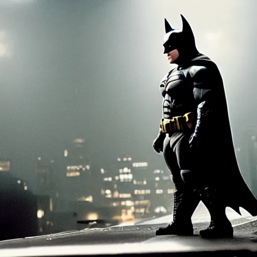 Prompt: A movie still of Danny Devito as Batman in The Dark Knight