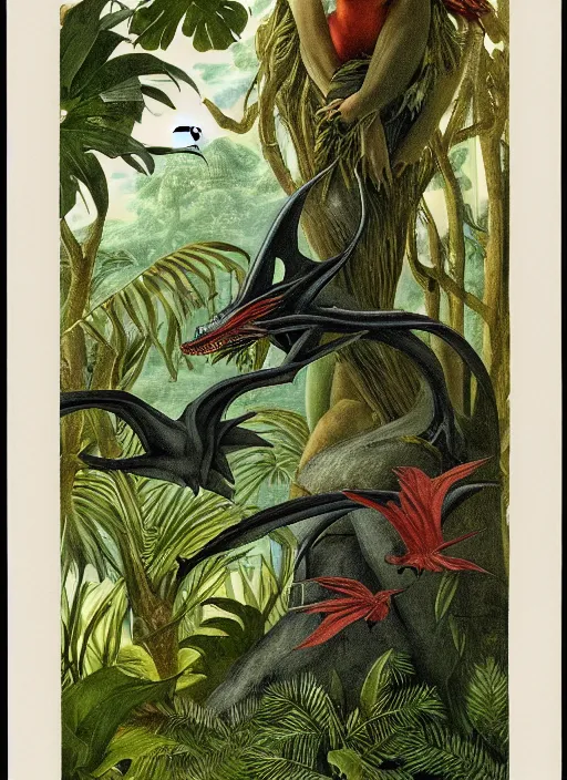 Prompt: mother of dragons in a tropical forest, john james audubon, intaglio, sharp focus