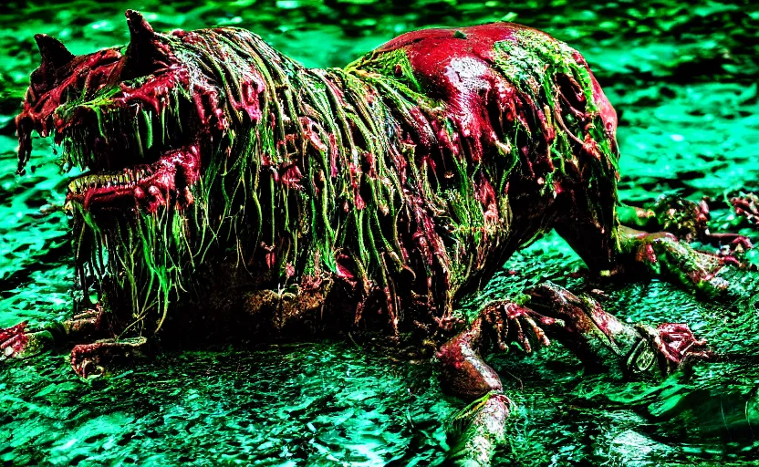 Image similar to zombie animals, beautiful green liquid, green oozing pool pit, cinematic lighting, various refining methods, micro macro autofocus, ultra definition, award winning photo