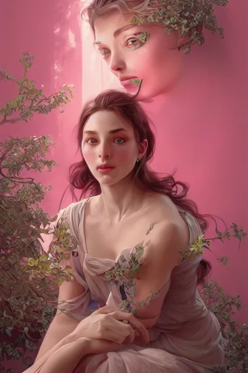 Image similar to ultra realistic illustration, european woman drawing, pink background, elegant, highly detailed, digital painting, concept art, smooth, sharp focus, illustration, art by artgerm and greg rutkowski and alphonse mucha