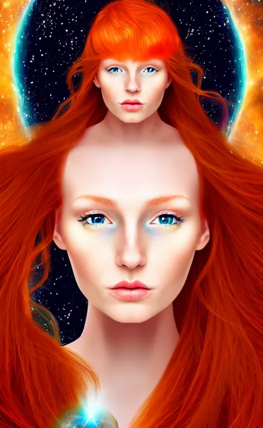 Prompt: space astral portrait of a beautiful girl, red hair, ginger hair, fantasy, glowing skin, smooth face, perfect eyes, half body shot, tarot card