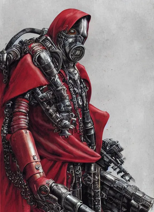 Image similar to portrait of rotten Nicolas Cage with respirator as adeptus mechanicus in red hood and robe from Warhammer 40000. Highly detailed, artstation, illustration by and John Blanche and zdislav beksinski and wayne barlowe