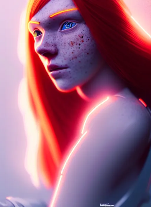 Prompt: a beautiful redhead scandinavian female humanoid with freckled cheek, cyber neon lighting, by loish, d & d, fantasy, futurism, cyberpunk fashion clothing, elegant profile posing, accurate anatomy, hyper photorealistic, digital photography, artstation, pinterest, concept art, art by pascal blanche and greg rutkowski,