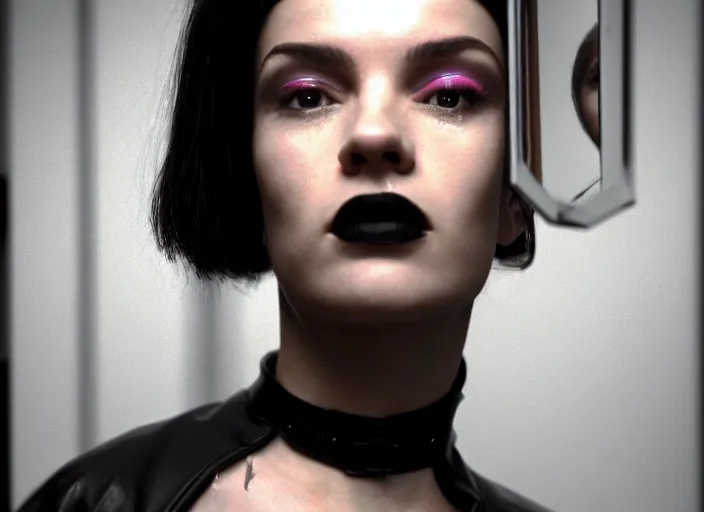 Prompt: octane render photographic portrait by quentin tarantino of a beautiful feminine man wearing black techwear and light makeup looking in a broken bathroom mirror, old new york apartment, full shot, retrofuturism cinematic, 8 k, hd, high resolution, ultra realistic faces, photorealistic, intricate detail, trending on artstation, digital painting, clockwork orange