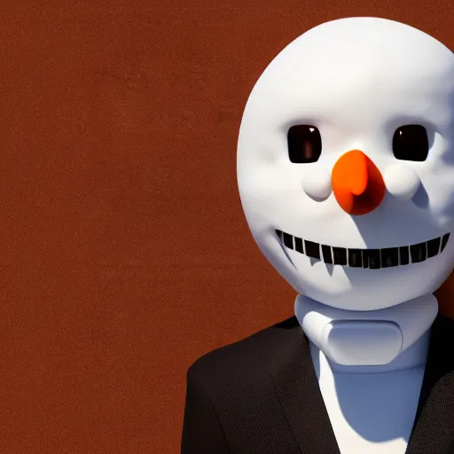 Image similar to a highly detailed humanoid snowman in business suit with black eyes and mouth, no nose, hyperrealism, professional, octane render, digital art