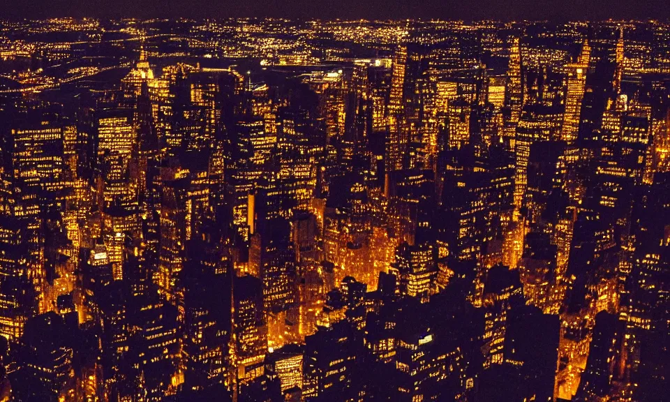 Image similar to photo of new york city at night, birdseye view, 4k, grainy, film photography