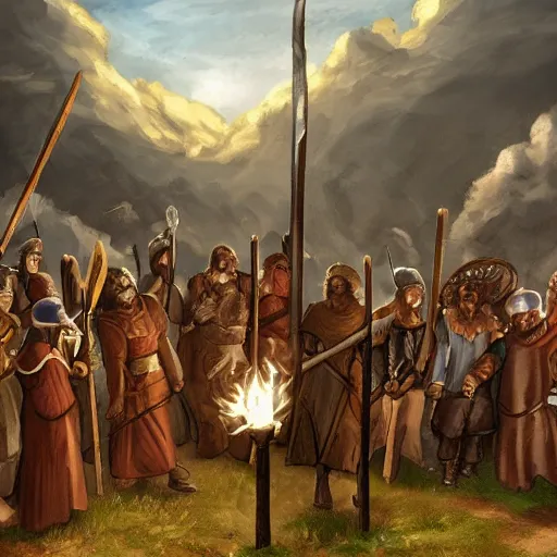 Image similar to a crowd of medieval people with Pitchforks and torches standing on clouds, higly detailed, ambient lighting, mystic, rpg artwork