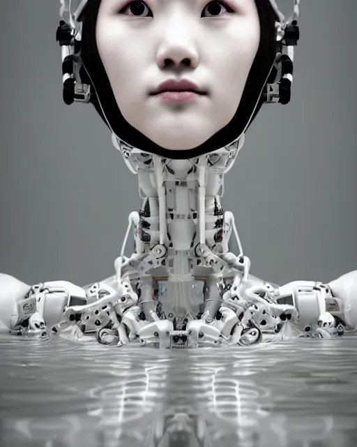 Image similar to beautiful centered fine art photo portrait of hoyeon jung as a solarpunk robotic humanoid, half body above water, white mechanical parts with led lights, ultra - realistic and detailed, white background, natural lighting, soft focus, slow exposure hdr 8 k