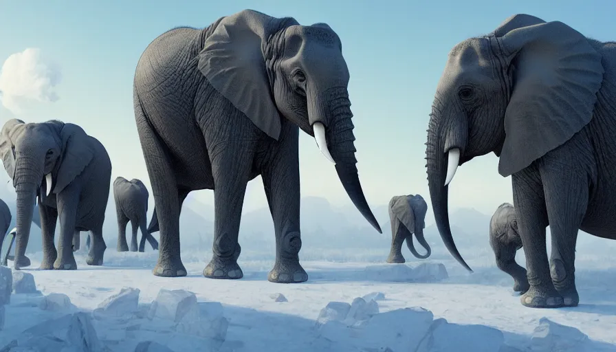 Image similar to A highly detailed matte painting of African elephants wearing battle armor marching in snow mountain landscape by Studio Ghibli, Makoto Shinkai, by Artgerm, by beeple, by Greg Rutkowski, volumetric lighting, octane render, 4K resolution, trending on artstation, masterpiece