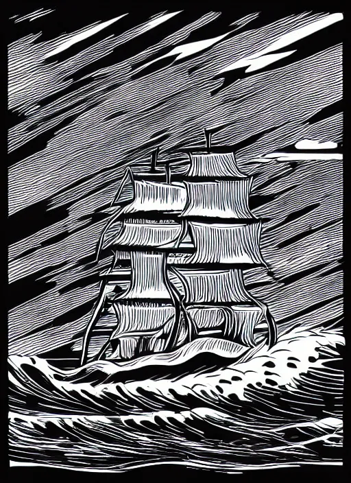 Prompt: realistic galleon ghost ship on the high seas with stormy big waves, art by james o barr, woodblock print, steel engraving, black and white, vector, vector art