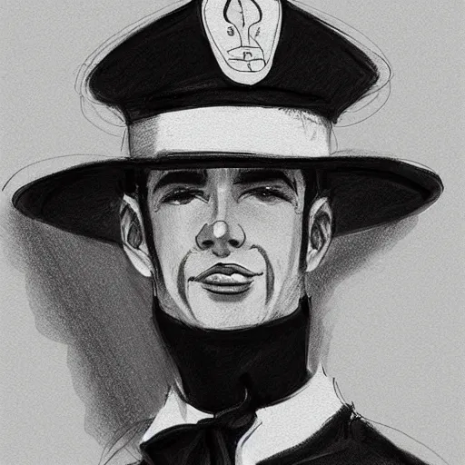 Prompt: a seafairing gay french man with a snooty smug smile, sailor's uniform, twink, charcoal drawing, black and white, ink and paper, portrait, trending on artstation, behance, deviantart, drawn by tom lovell, artgerm, jsc, j. scott campbell