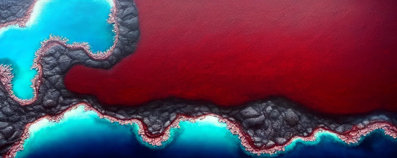 Prompt: A gorgeous detailed oil of a dark red sea covered in big blue steep rocks, the further away the mistier it gets, surreal, concept art, dark aesthetic, atmospheric, moody, hyperrealism, highly detailed, masterpiece, award winning, 4k