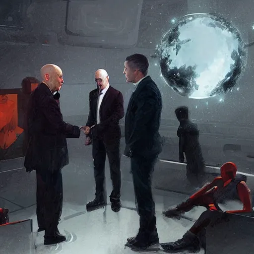 Prompt: illustration of a meeting between elon musk, mark zuckenberg, jeff bezos, very clear face, high quality, very detailled, by artgem, greg rutkowski, ruan jia