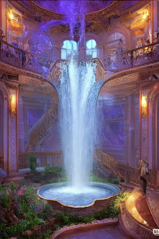 Prompt: interiors of a godly palace constructed of mirrors and spiraling staircases at night, life-size terrarium, flowing water, waterfalls, plants, glowing light, symmetrical, sacred geometry, heavenly, enchanted environment, fog, mist, low light, evil, dark, environment concept, cgsociety, environment 8K artstation, cinematic lighting, intricate details, 4k detail post processing, hyperealistic, unreal engine 5 render, photo realism
