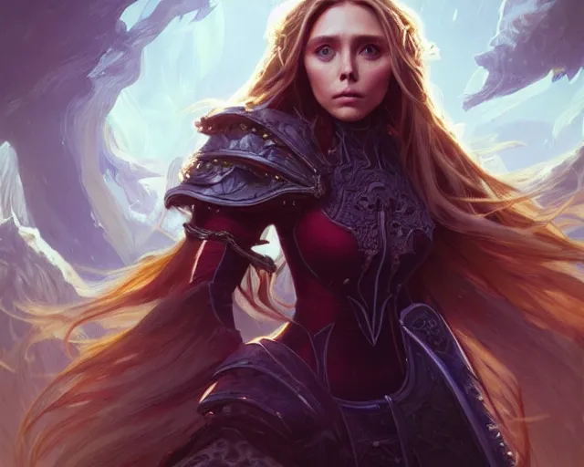 Image similar to a gaming screenshot still portrait of elizabeth olsen in final fantasy, deep focus, d & d, fantasy, intricate, elegant, highly detailed, digital painting, artstation, concept art, matte, sharp focus, illustration, dark fantasy style art, hearthstone, art by artgerm and greg rutkowski and alphonse mucha