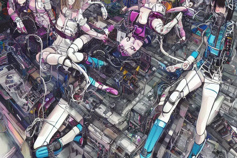 Image similar to a cyberpunk illustration of a group of four super-coherent female androids dressed in seifuku in style of masamune shirow, lying scattered across an empty, white floor with their bodies rotated in different poses and cables and wires coming out, by yukito kishiro and katsuhiro otomo, hyper-detailed, intricate, view from above, colorful