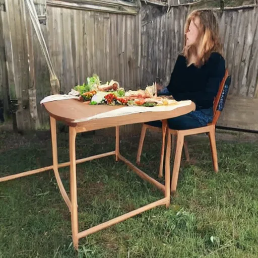 Image similar to a chair eating a salad at a table