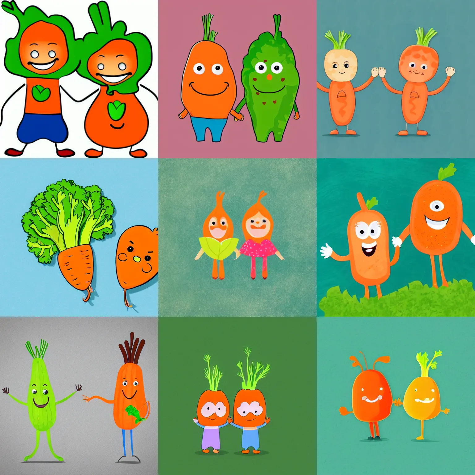 Prompt: kids cartoon of a happy carrot and a happy lettuce holding hands, white background
