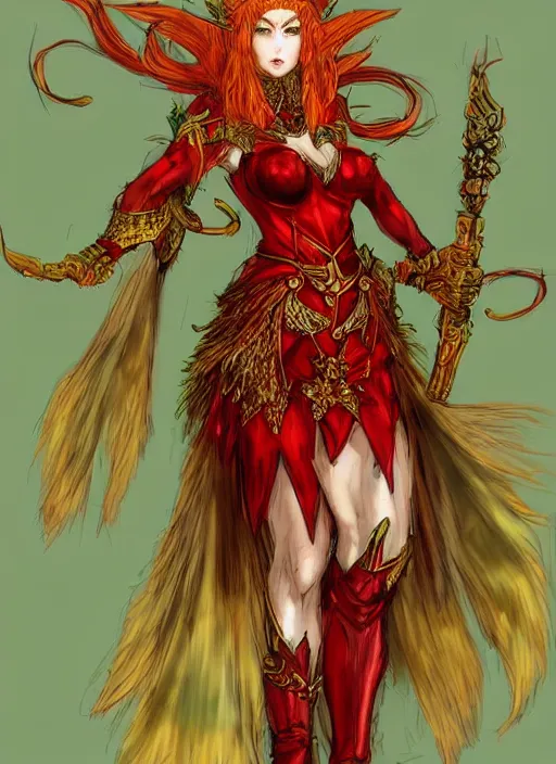 Image similar to Full body portrait of a beautiful red haired elven queen wearing red, green and gold queen dress and elaborate golden crown, bored look. In style of Yoji Shinkawa and Hyung-tae Kim, trending on ArtStation, dark fantasy, great composition, concept art, highly detailed.