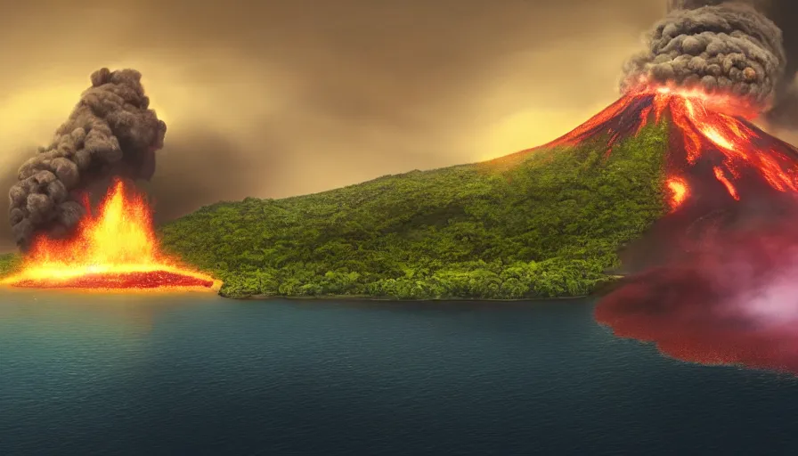 Prompt: Digital painting of a tropical island with an erupting volcano spewing a big black smoke, wide view, volumetric light, hyperdetailed, artstation, cgsociety, 8k