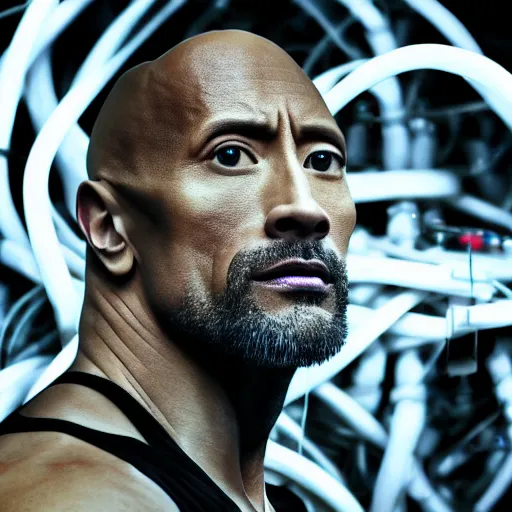 Prompt: dwayne johnson playing a modular synthesizer with lots of wires, ultra realistic, canon 3 5 m m photography, portrait