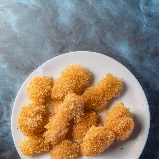 Prompt: a plate of breaded scampi underwater, trawl damaged seafloor