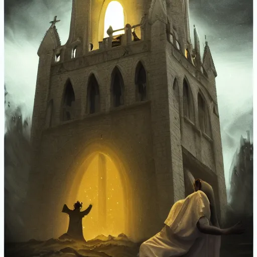 Prompt: A terrified catholic priest in his twenties kneeled in fervent prayer at the summit of a medieval tower. Looking up with eyes wide open with fear, looking straight at the viewer. Dressed in white. An ominous yellow shadow is descending upon him from the night sky. Award-winning digital art, trending on ArtStation