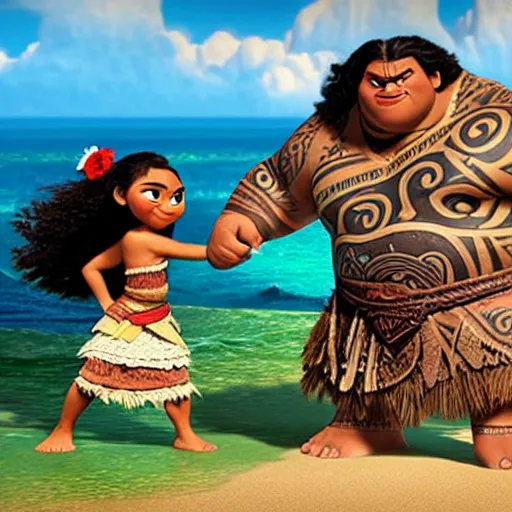 Image similar to moana fighting with zeus in the style of god of war