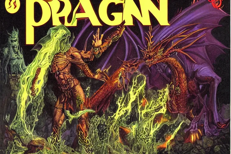 Image similar to 1979 Dragon magazine cover depicting a draconic humanoid mage in fantasy style by Larry Elmore.