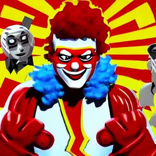 Prompt: image of ronald mcdonald, white face, red afro, red nose and yellow outfit as an enemy in 9 0's mortal kombat 3 sega genesis video game, upscaled to high resolution