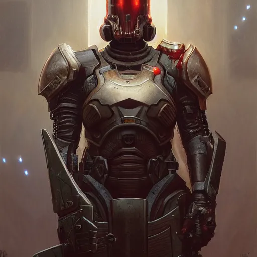 Image similar to the doomslayer as a realistic scifi cyberpunk knight, closeup portrait art by donato giancola and greg rutkowski, vintage retro scifi, realistic face, digital art, trending on artstation, symmetry!!!