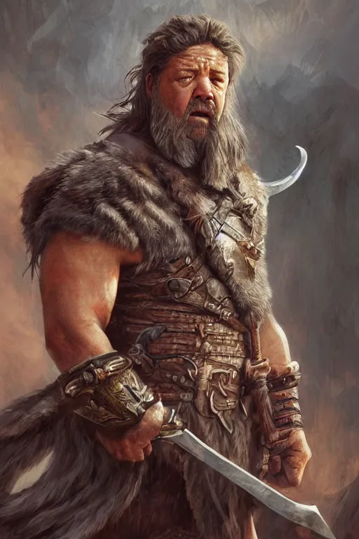 Prompt: ultra realistic illustration, russell crowe as a barbarian warrior from baldurs gate and diablo, intricate from baldurs gate, elegant, highly detailed, digital painting, artstation, concept art, smooth, sharp focus, illustration, art by artgerm and greg rutkowski and alphonse mucha