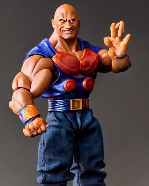 Image similar to a toy action figure of a fusion of dwayne johnson and goku, real life, studio lighting, professional photography