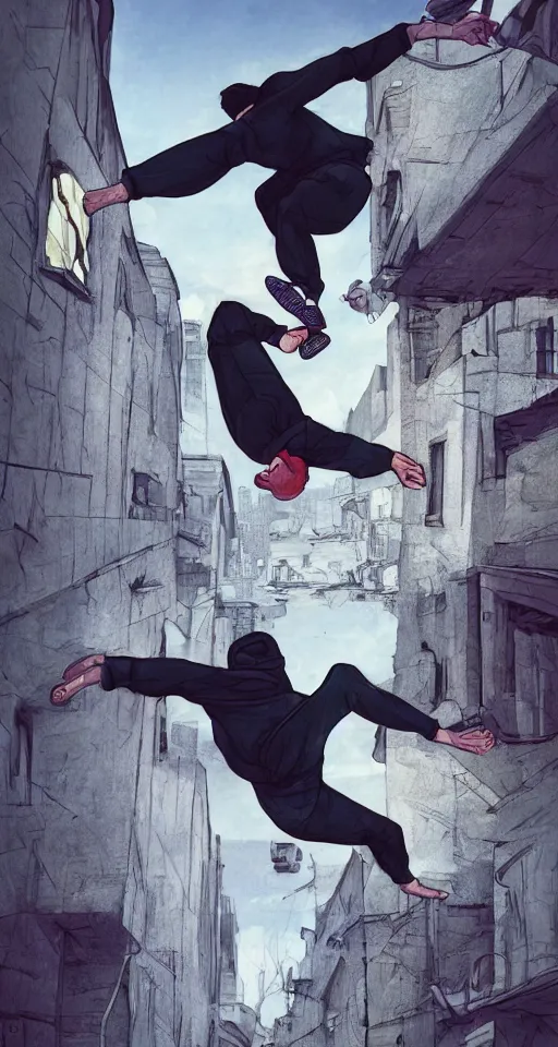 Prompt: A beautiful artwork illustration, a parkour across dimensions, featured on artstation, wide angle, vertical orientation