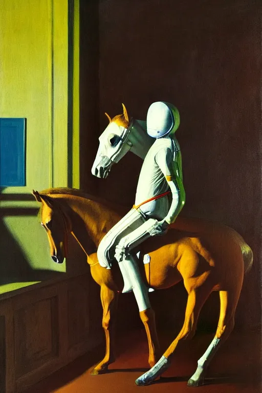 Image similar to man in horse costume, horse in costume astronaut, hauntingly surreal, highly detailed painting by francis bacon, edward hopper, adrian ghenie, gerhard richter, and james jean soft light 4 k,