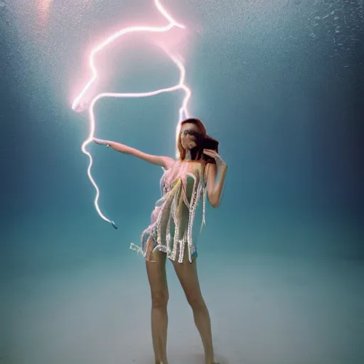 Image similar to medium format photograph of a surreal fashion shoot underwater with lightning strikes and neon fish