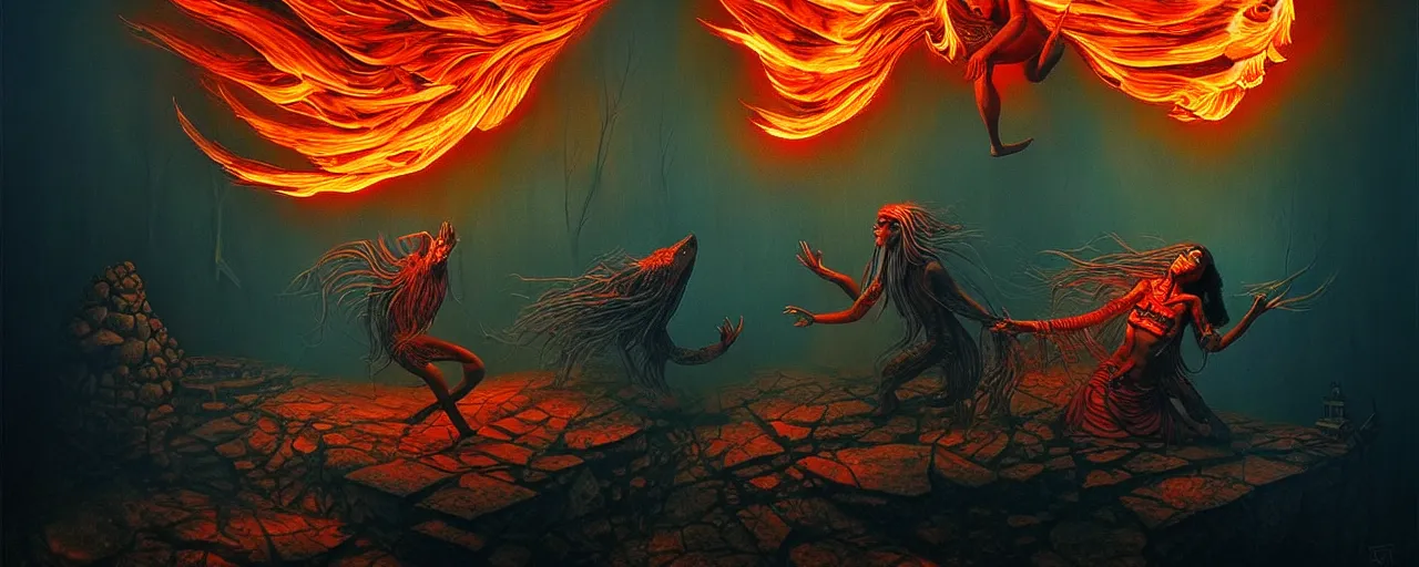 Image similar to wild emotion and thought creatures repressed in the depths unconscious of the psyche lead by baba yaga, about to rip through and escape in a extraordinary revolution, dramatic fire glow lighting, surreal painting by ronny khalil