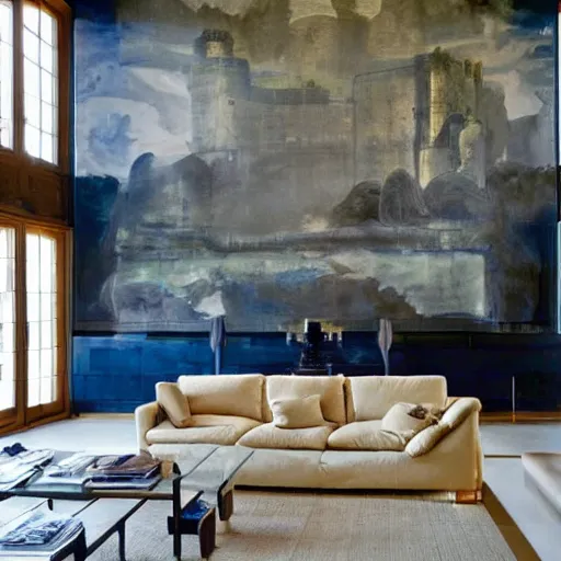 Image similar to giant Italian modern castle living room, clean minimalist design, that is 1300 feet tall, with very tall giant walls filled with modern art paintings, doors that are cosmic portals, photo by Annie Leibovitz