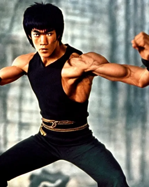 Image similar to bruce lee as kenshiro in live action fist of northstar movie, hyperreal, post apocalyptic, mutants, martial arts, cinematic