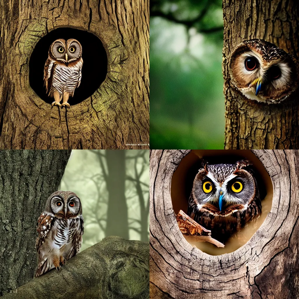 Prompt: a brown owl with big eyes making a hole in an oak tree, ultra realistic, professional picture, dark colors, dark background, glossy lighting, thunderstorm forest